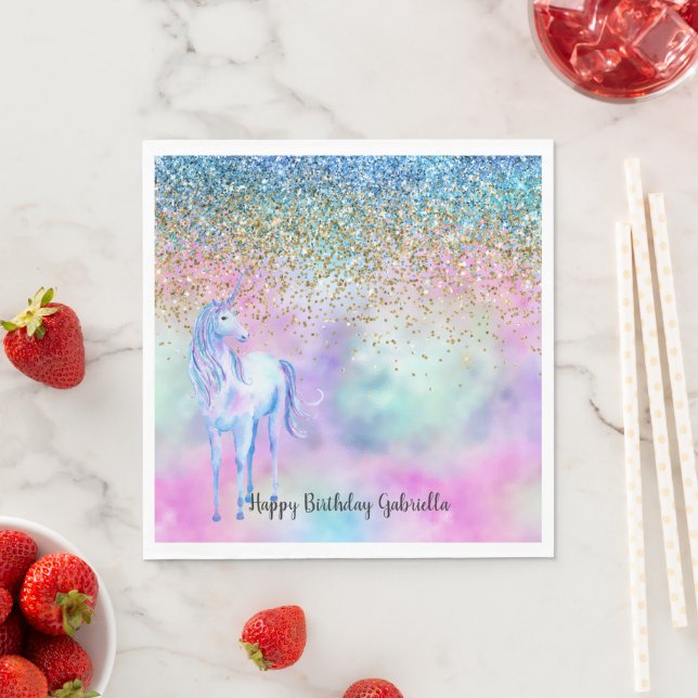 Serviette En Papier Gold Aqua Parties scintillant violet blanc Unicorn (En situation)