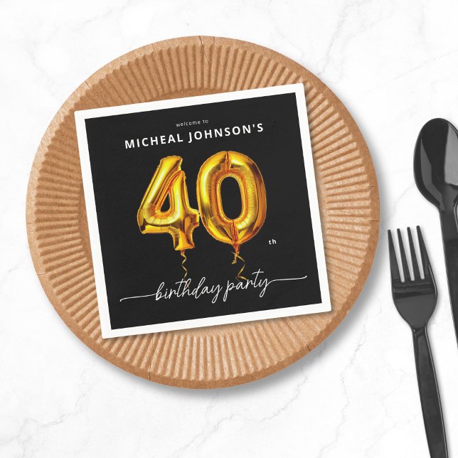 Serviette En Papier Gold Balloon Black 40e fête d'anniversaire (Gold Balloon Black 40th Birthday Party Napkins)