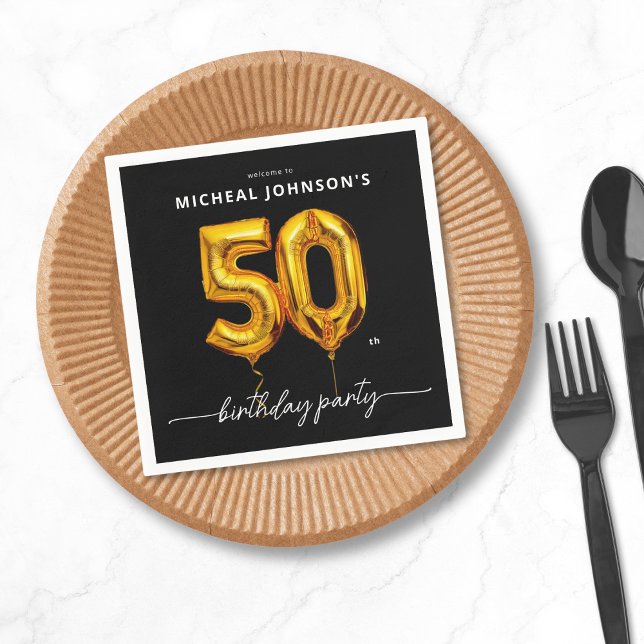 Serviette En Papier Gold Balloon Black 50e fête d'anniversaire (Gold Balloon Black 50th Birthday Party Napkins)