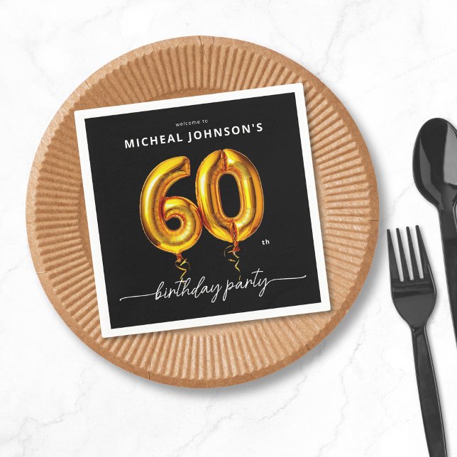 Serviette En Papier Gold Balloon Black 60e fête d'anniversaire (Gold Balloon Black 60th Birthday Party Napkins)