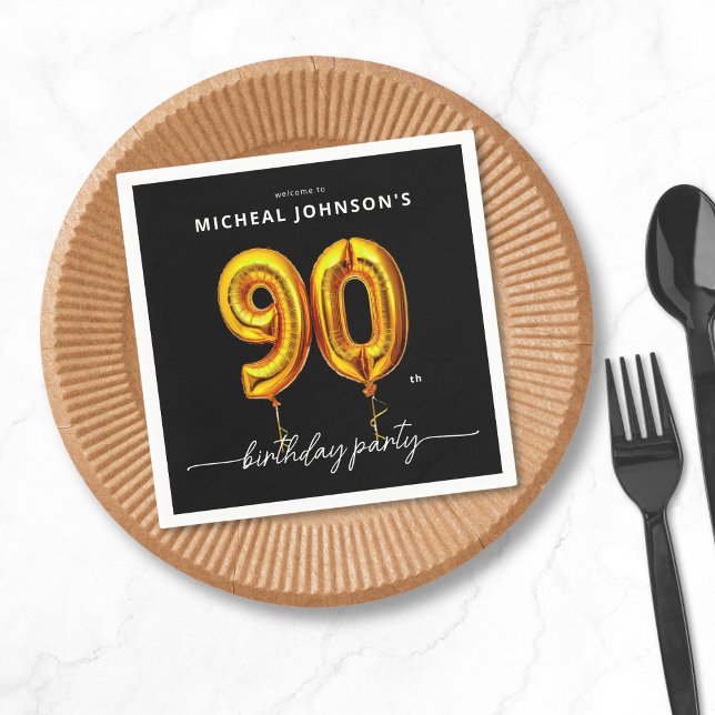 Serviette En Papier Gold Balloon Black 90e fête d'anniversaire (Gold Balloon Black 90th Birthday Party Napkins)