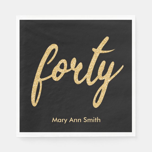 Serviette En Papier Gold Black 40 Anniversaire Parties scintillant de  (Devant)