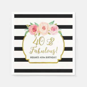 Serviette En Papier Gold Black Stripes Fleurs 40 & Fabuleux Anniversai