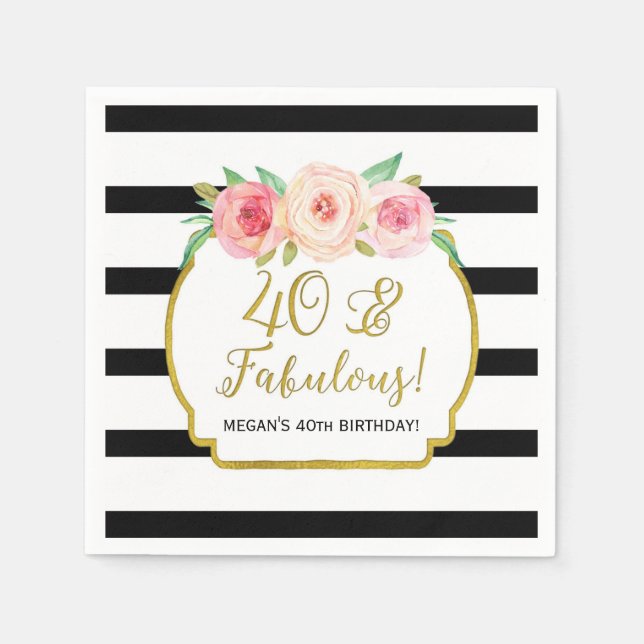 Serviette En Papier Gold Black Stripes Fleurs 40 & Fabuleux Anniversai (Devant)