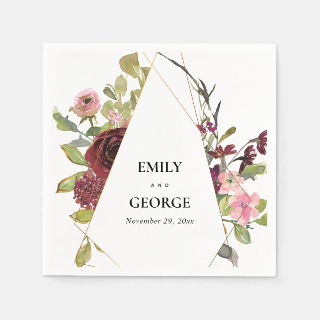 SERVIETTE EN PAPIER GOLD BLUSH BURGUNDY ROSE COULEUR D'EAU MARIAGE FLO (Devant)