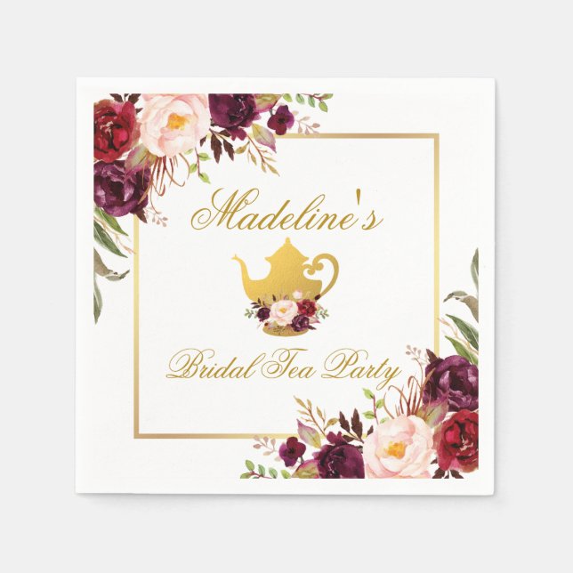 Serviette En Papier Gold Burgundy Floral Bridal Tea Party (Devant)