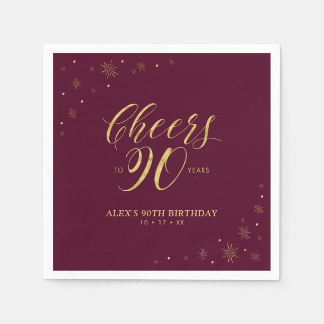 Serviette En Papier Gold & Burgundy Modern Cheers 90e fête d'anniversa (Devant)