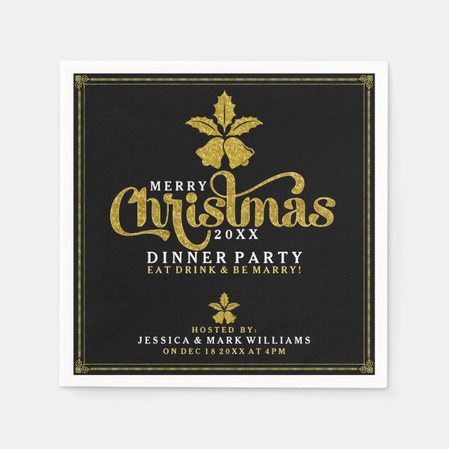 Serviette En Papier Gold Christmas Bells Dinner Party Design (Devant)