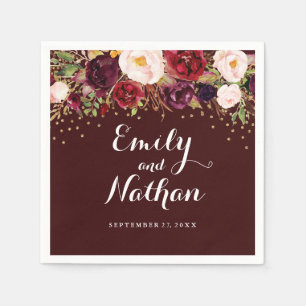 Serviette En Papier Gold Confetti Bourgogne Mariage Floral Napkin