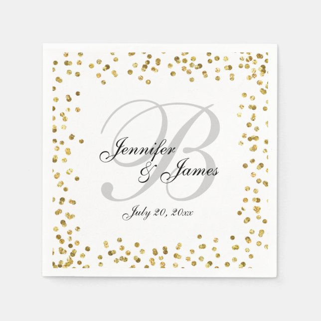 Serviette En Papier Gold Confetti Élégant Mariage de monogramme gris (Devant)