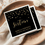 Serviette En Papier Gold Confetti sur Black 16th Birthday Party<br><div class="desc">Aidez-les à fêter leur 16ème anniversaire dans le style avec ce design simple mais élégant, avec des confettis triangulaires en faux or sifting down sur le mot "dix-huit" en écriture manuscrite élégante sur un arrière - plan noir. Personnalisez-le avec le nom de l'honneur en or sans serif police, ainsi que...</div>