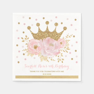 Serviette En Papier Gold Crown Blush rose Floral Princess Anniversaire
