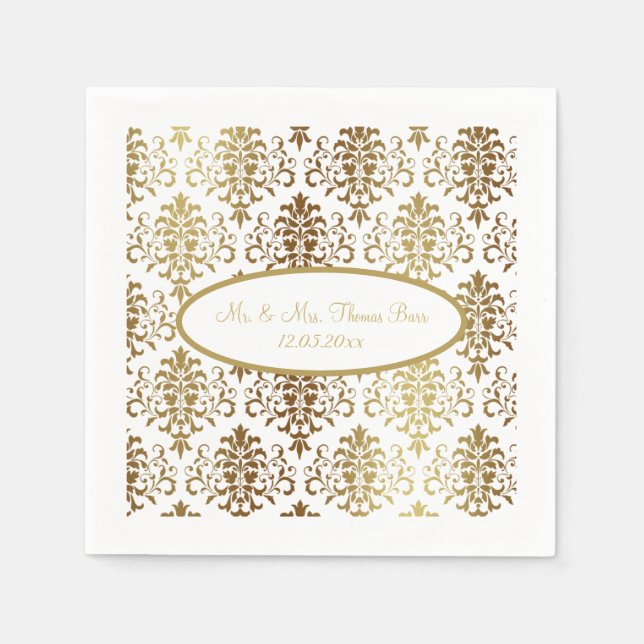 Serviette En Papier Gold Damask White Script Mariage élégant (Devant)