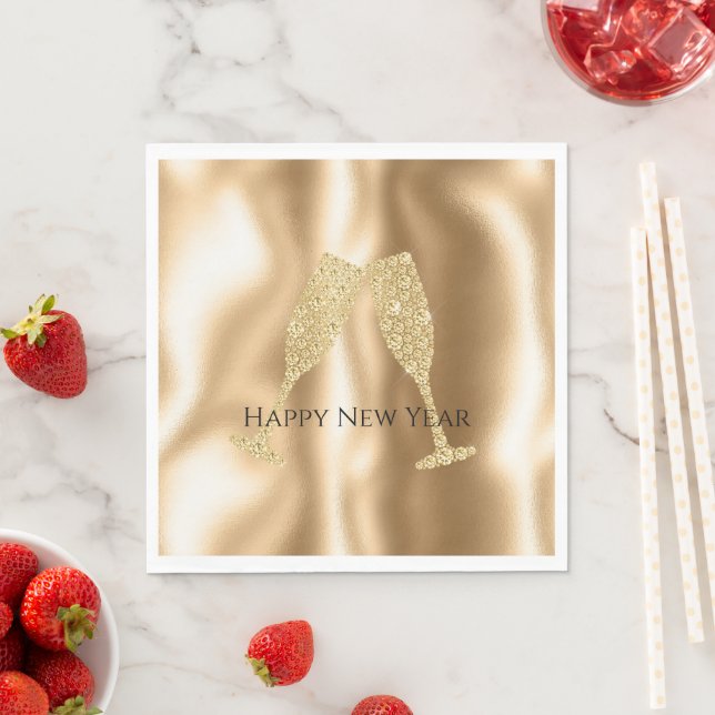 Serviette En Papier Gold Diamond Sparkle Champagne Glasses New Year's (En situation)