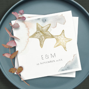SERVIETTE EN PAPIER GOLD DUSKY BLUE BEACHING STARFISH MONOGRAM MARIAGE