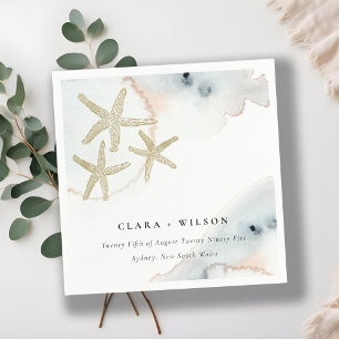 Serviette En Papier Gold Dusky Blue Beachy Starfish Aquarelle Mariage