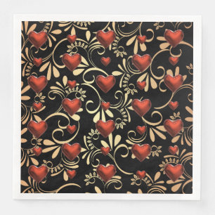 Serviette En Papier Gold et Black 3 D Coeurs rouges