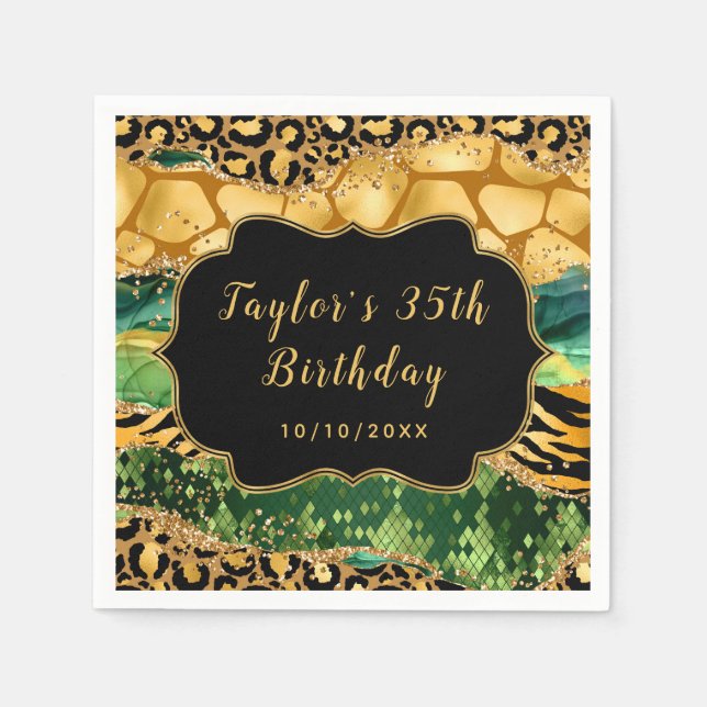Serviette En Papier Gold et Green Safari Agate Anniversaire (Devant)
