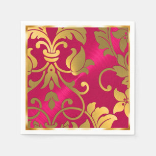 Serviette En Papier Gold et Magenta Pink Damask