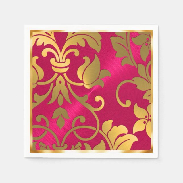 Serviette En Papier Gold et Magenta Pink Damask (Devant)