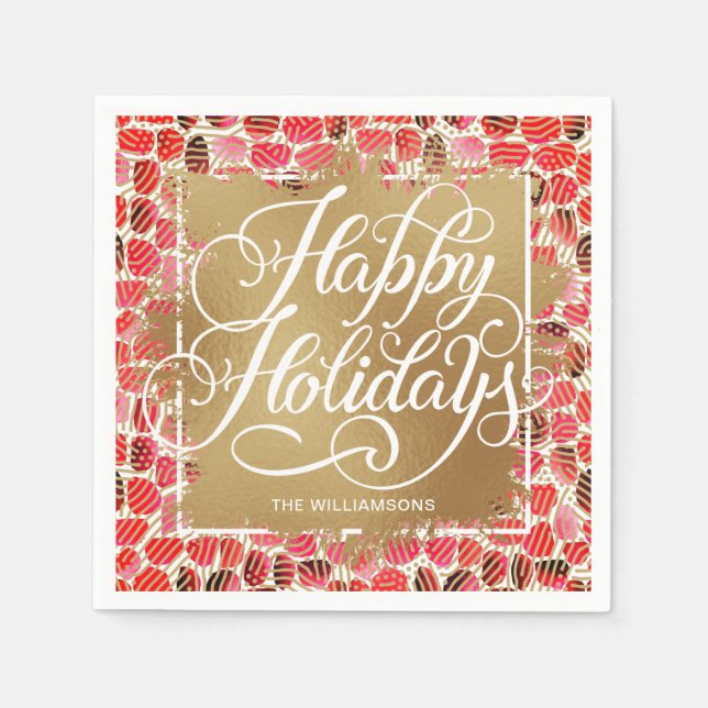 Serviette En Papier Gold Faux Foil Happy Holidays Berry (Devant)