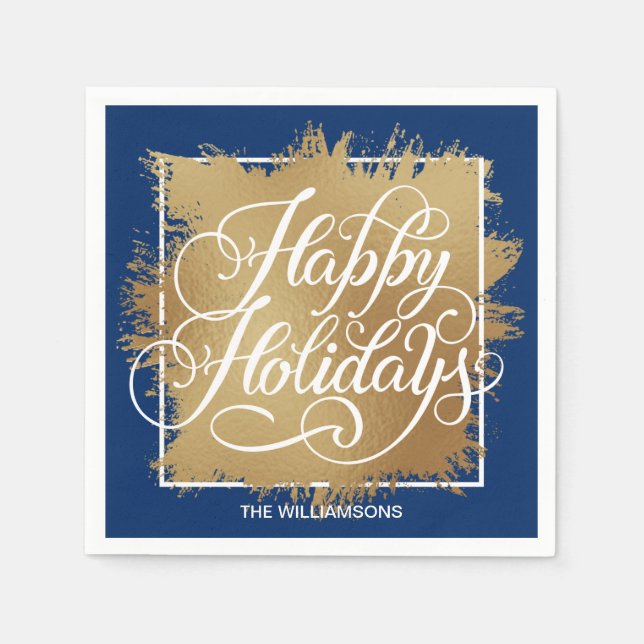 Serviette En Papier Gold Faux Foil Happy Holidays Blue (Devant)