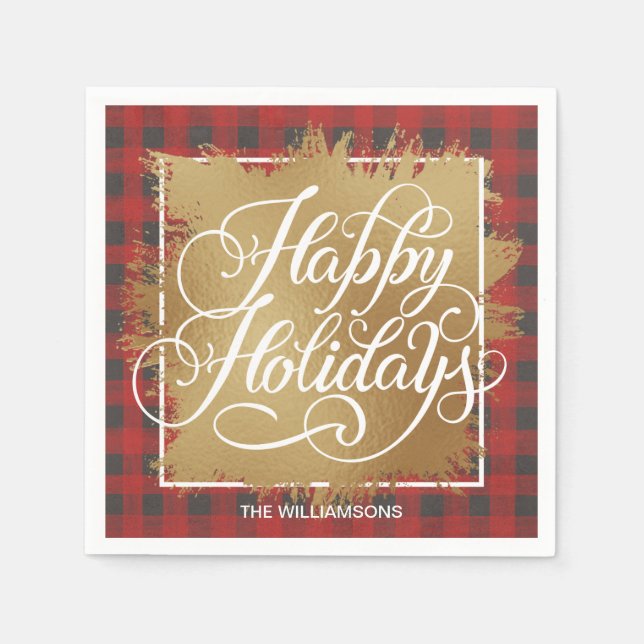 Serviette En Papier Gold Faux Foil Happy Holidays Buffalo Plaid (Devant)