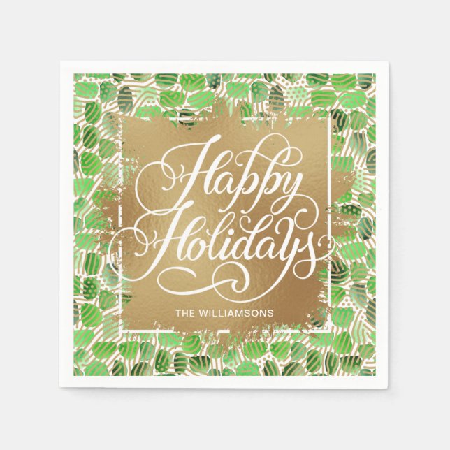 Serviette En Papier Gold Faux Foil Happy Holidays Green (Devant)