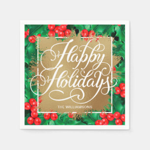 Serviette En Papier Gold Faux Foil Happy Holidays Holly Berries