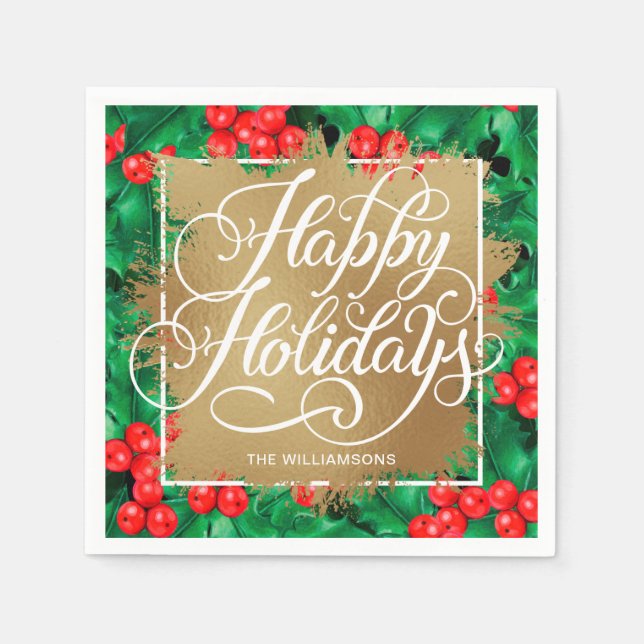 Serviette En Papier Gold Faux Foil Happy Holidays Holly Berries (Devant)