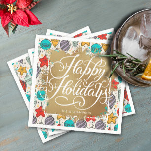 Serviette En Papier Gold Faux Foil Joyeuses Vacances Ornements Vintage