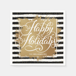 Serviette En Papier Gold Faux Foil Joyeux Vacances Noir Blanc Stripes