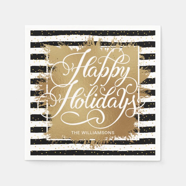 Serviette En Papier Gold Faux Foil Joyeux Vacances Noir Blanc Stripes (Devant)