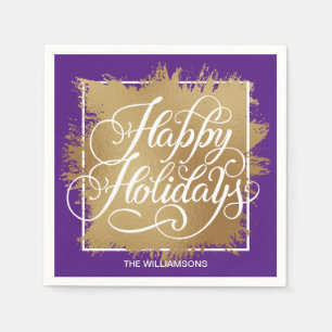 Serviette En Papier Gold Faux Foil Joyeux vacances violet