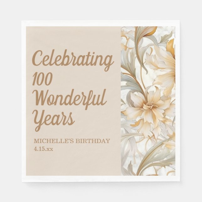 Serviette En Papier Gold Floral 100e anniversaire (Devant)