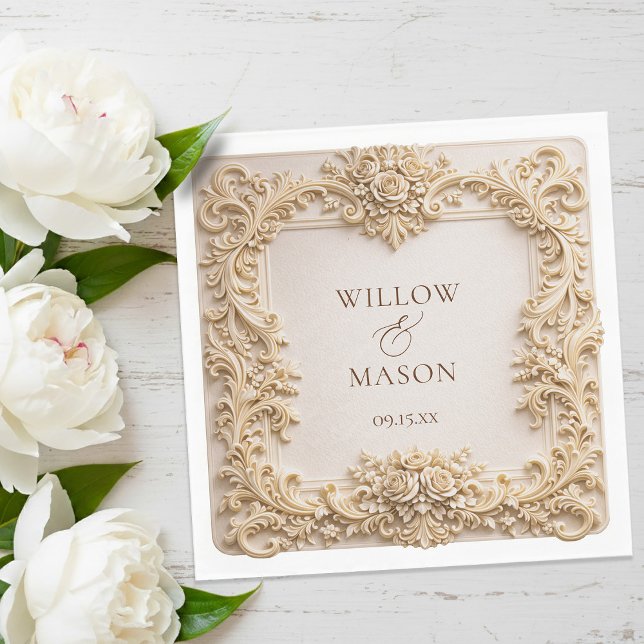 Serviette En Papier Gold  Floral Frame Paper Wedding Napkins (Gold Floral Frame Paper Wedding Napkins)