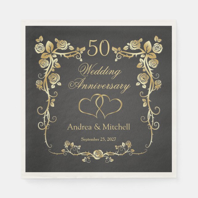Serviette En Papier Gold Floral Hearts 50e anniversaire Mariage Napki (Devant)