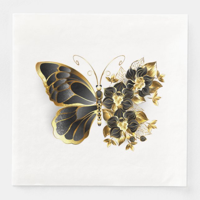 Serviette En Papier Gold flower Butterfly with Black Orchid (Devant)
