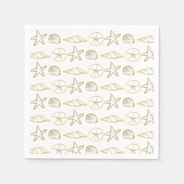 Serviette En Papier Gold Foil Look Sea Shells Chic Beach Elegant Blanc (Devant)