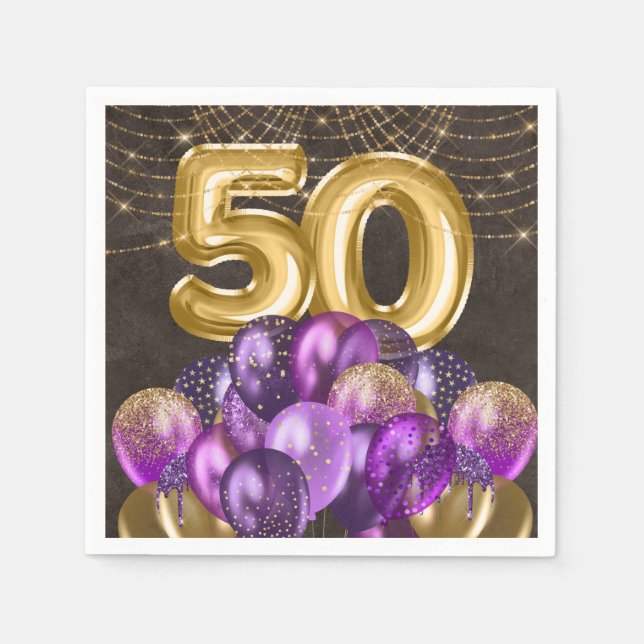 Serviette En Papier Gold Foil Purple Balloons Cinquante-50e anniversai (Devant)