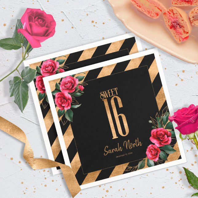 Serviette En Papier Gold Foil Stripes Floral Black ID757 (Créateur téléchargé)