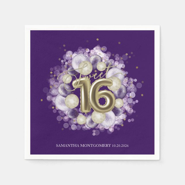 Serviette En Papier Gold Foil Sweet 16 Ballons d'anniversaire fête vio (Devant)