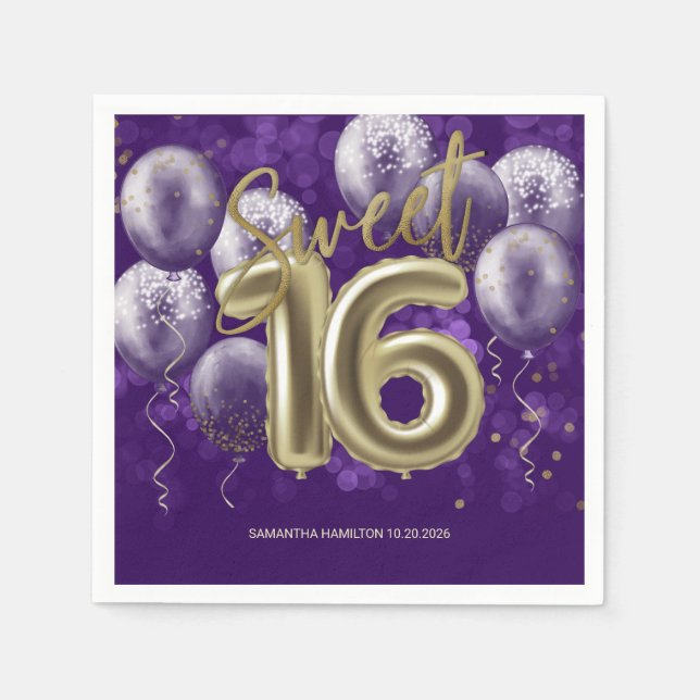 Serviette En Papier Gold Foil Sweet 16 Ballons d'anniversaire fête vio (Devant)