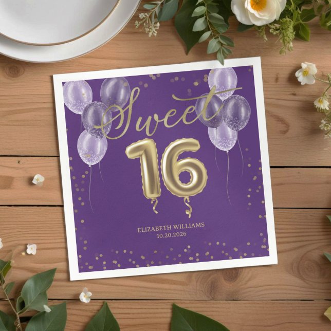 Serviette En Papier Gold Foil Sweet 16 Ballons d'anniversaire fête vio (Créateur téléchargé)
