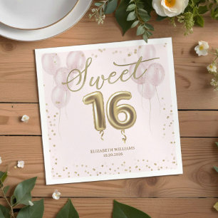 Serviette En Papier Gold Foil Sweet 16 Ballons d'anniversaire rose