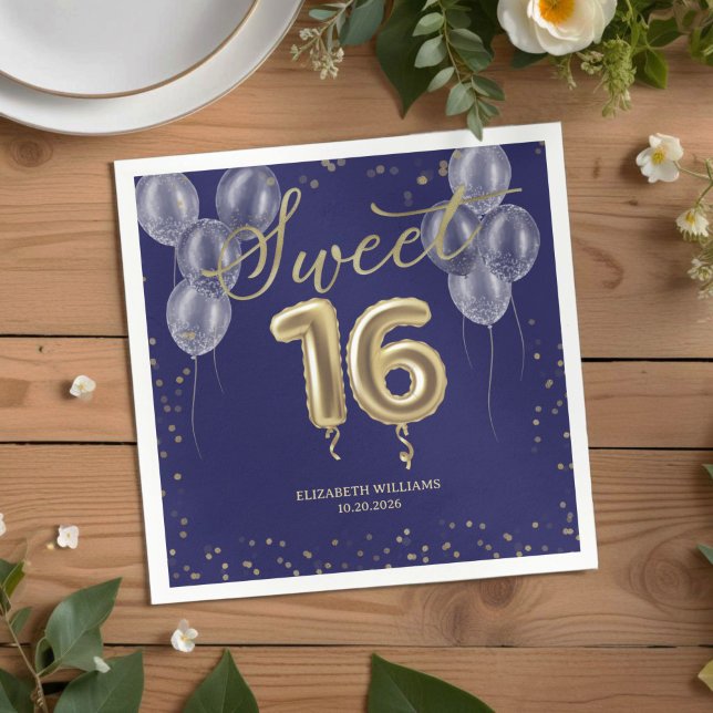 Serviette En Papier Gold Foil Sweet 16 Ballons d'anniversaire Royal Bl (Créateur téléchargé)