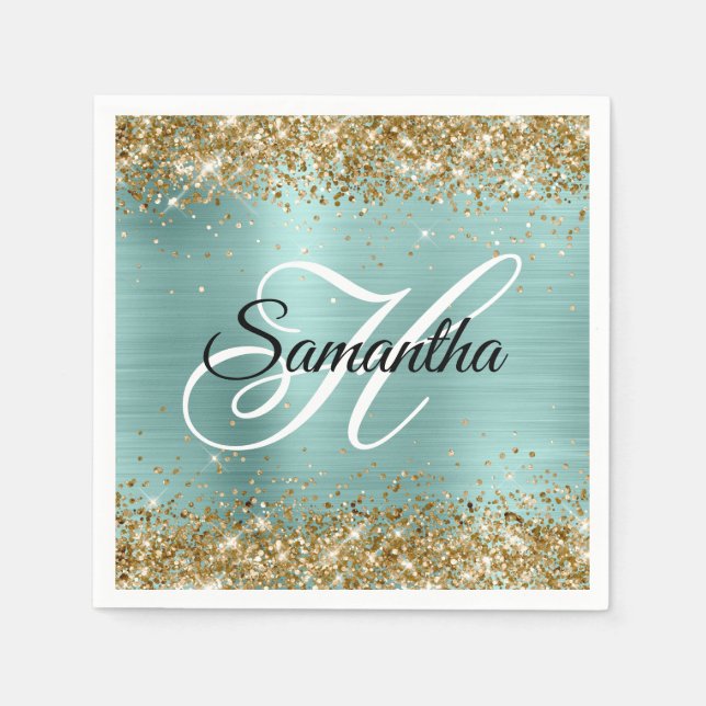 Serviette En Papier Gold Glitter Pale Turquoise Foil Monogram (Devant)