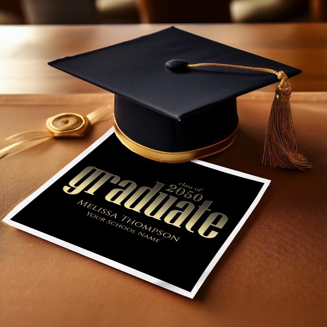 Serviette En Papier Gold Graduation Party Moderne Custom Luncheon (Gold and black graduation custom napkin)