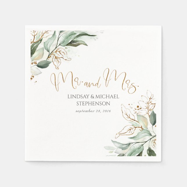 Serviette En Papier Gold Green et Eucalyptus Feuille Mariage (Devant)