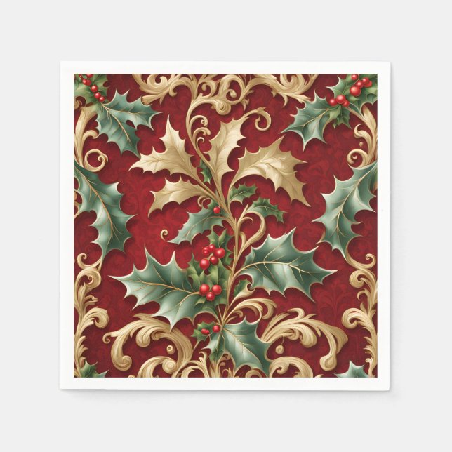 Serviette En Papier Gold Green Feuilles Red Christmas Holiday Napkin (Devant)